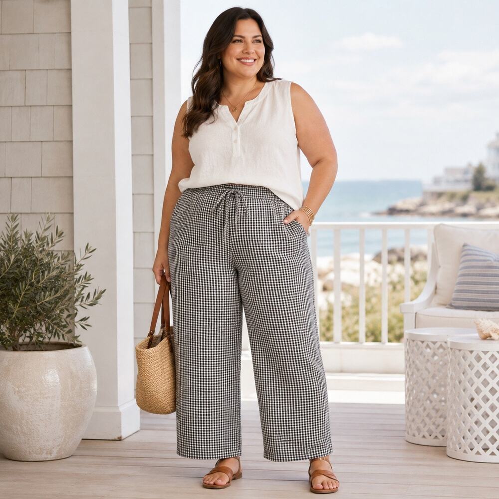 Linen Blend Gingham Pull On Wide Leg Pants Sz XXL NWT Coastal A New Day Preppy